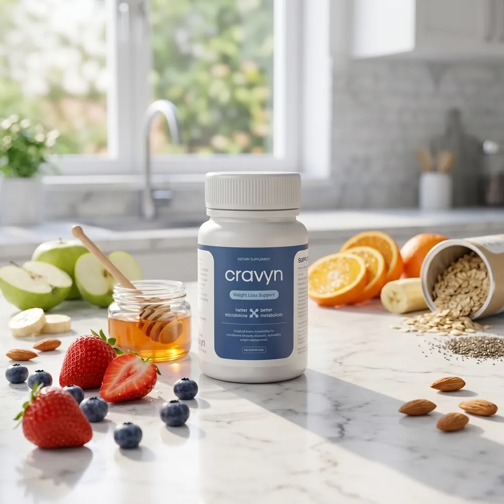 Le flacon Cravyn posé sur un plan de travail de cuisine, entouré de fruits frais, de flocons d'avoine et d'amandes